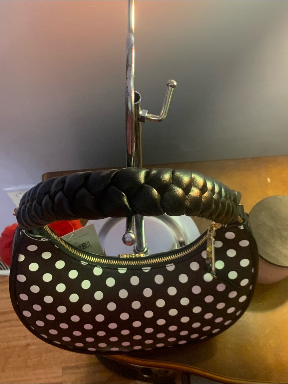 Betsey Johnson Black & White Polka Dot Crescent Satchel with Red Pom Pom - Picture 7 of 13